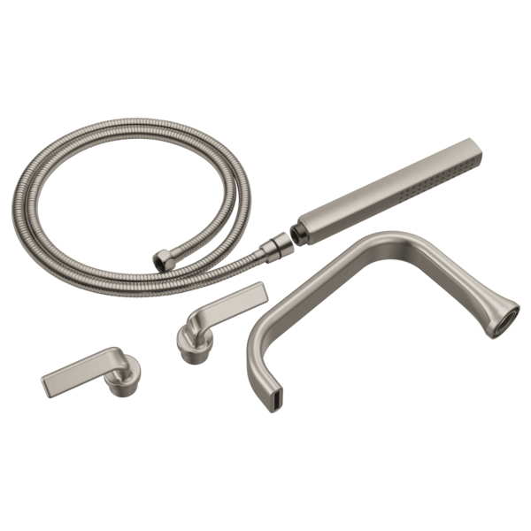 Brushed nickel tub filler trim kit with two lever handles, curved spout, handheld shower head, and hose.