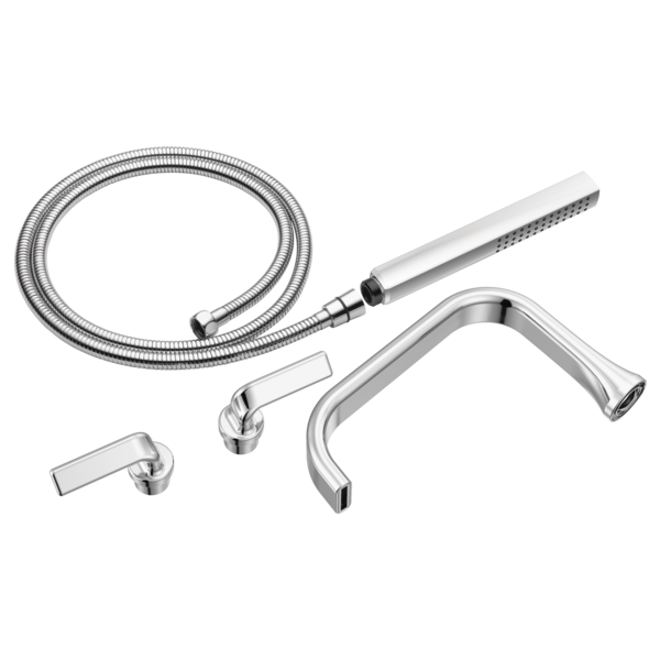 Chrome tub filler trim kit with two lever handles, curved spout, handheld showerhead, and flexible hose.