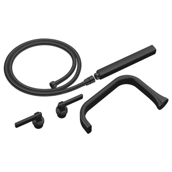 Black tub filler trim kit with two lever handles, curved spout, hose, and mounting components.