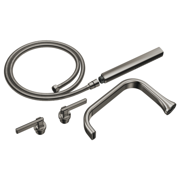 Chrome tub filler trim kit with two lever handles, curved spout, flexible hose, and mounting hardware.