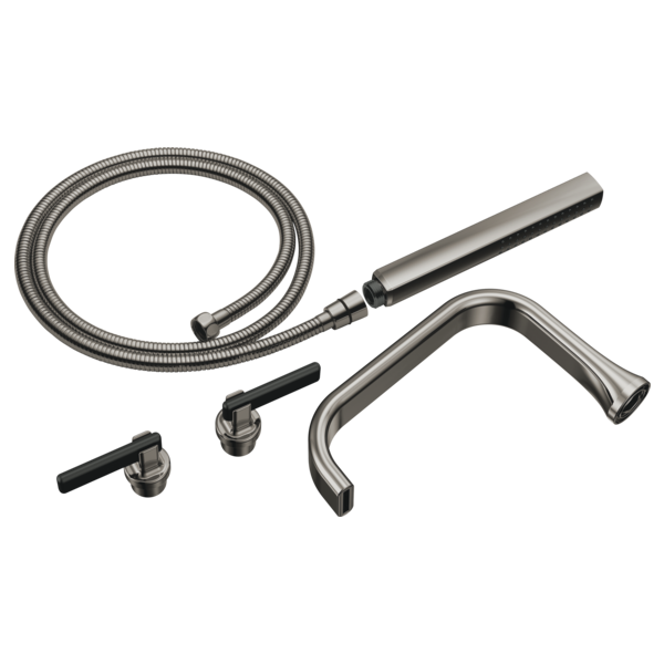 Chrome tub filler trim kit with two lever handles, curved spout, handheld showerhead, and flexible hose.