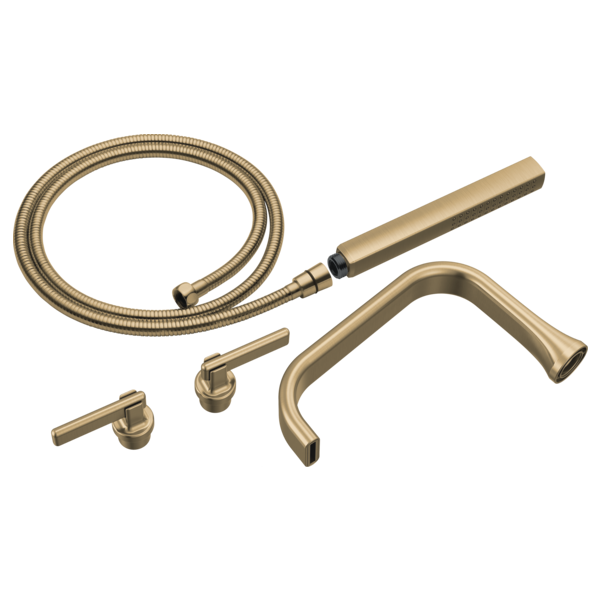 Champagne bronze tub filler trim kit with two lever handles, curved spout, flexible hose, and mounting hardware.