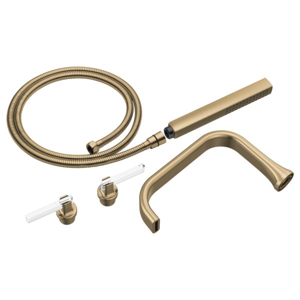 Champagne bronze tub filler trim kit with curved spout, two lever handles, hose, and mounting hardware.