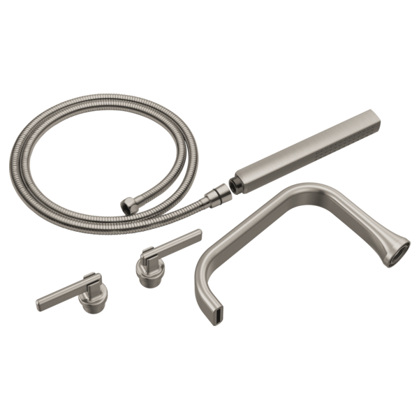 Stainless steel tub filler trim kit with flexible hose, curved spout, and two lever handles.