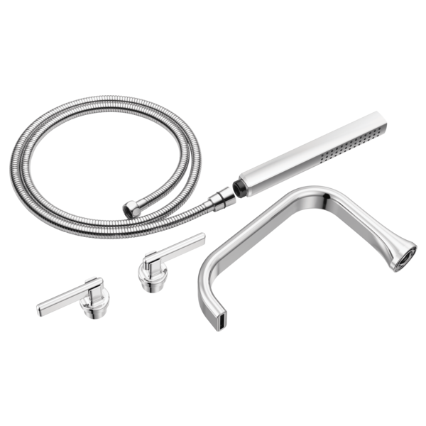 Chrome tub filler trim kit with two lever handles, curved spout, handheld showerhead, and flexible hose.