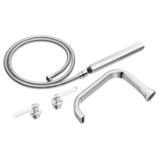 Chrome tub filler trim kit with curved spout, handheld showerhead, hose, and two lever handles.