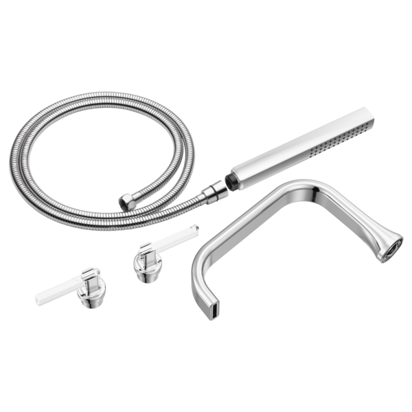 Chrome tub filler trim kit with curved spout, handheld showerhead, hose, and two lever handles.