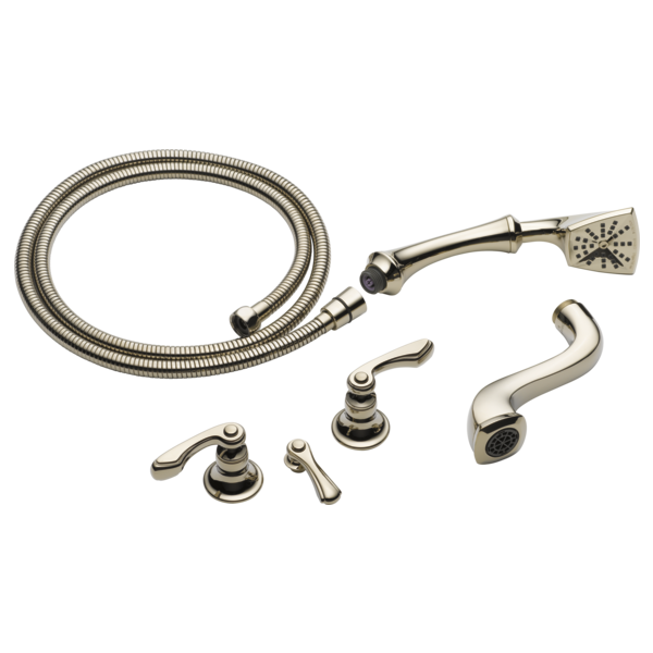 Brizo Charlotte polished nickel tub filler trim kit with two handles, spout, showerhead, hose, and mounting hardware.