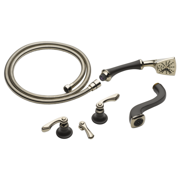 Brizo Charlotte tub filler trim kit with two curved handles, hand shower, hose, and mounting components in polished nickel an