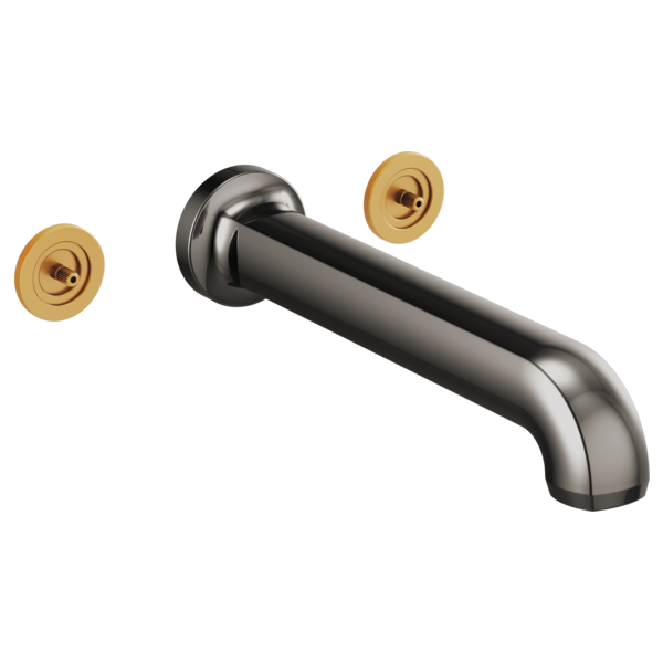 Chrome wall-mount tub filler with curved spout and two brass circular handles on either side.