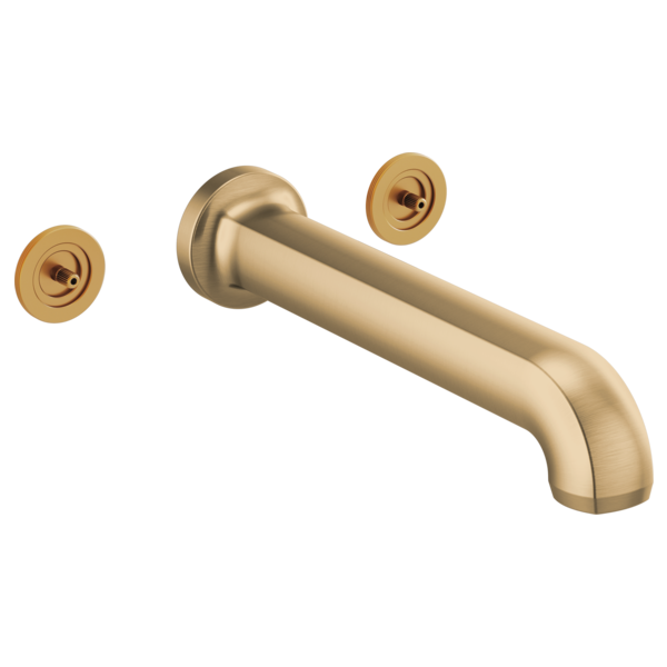 Brushed gold wall-mounted tub filler with curved spout and two round handle escutcheons.