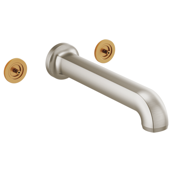 Brushed nickel wall-mount tub filler with curved spout and two brass valve handles.
