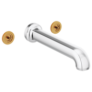 Chrome and brass wall-mount tub filler with curved spout and two circular handle plates.