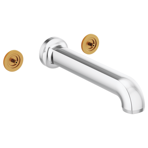 Chrome and brass wall-mount tub filler with curved spout and two circular handle plates.
