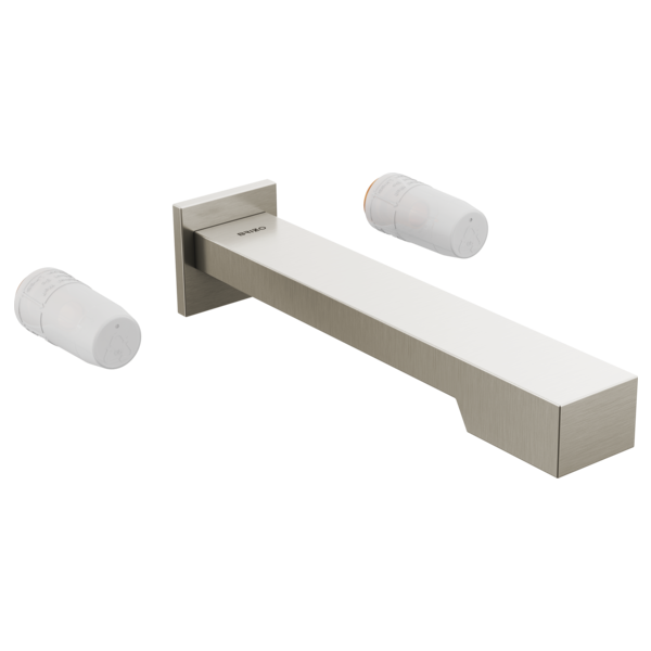 Brushed nickel wall-mount tub filler with rectangular spout and two cylindrical handle positions, shown without handles insta