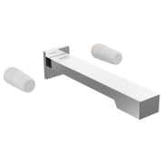 Chrome and white wall-mounted tub filler with cylindrical handles on left and right sides of extended rectangular spout.