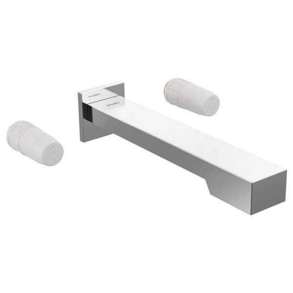 Chrome and white wall-mounted tub filler with cylindrical handles on left and right sides of extended rectangular spout.