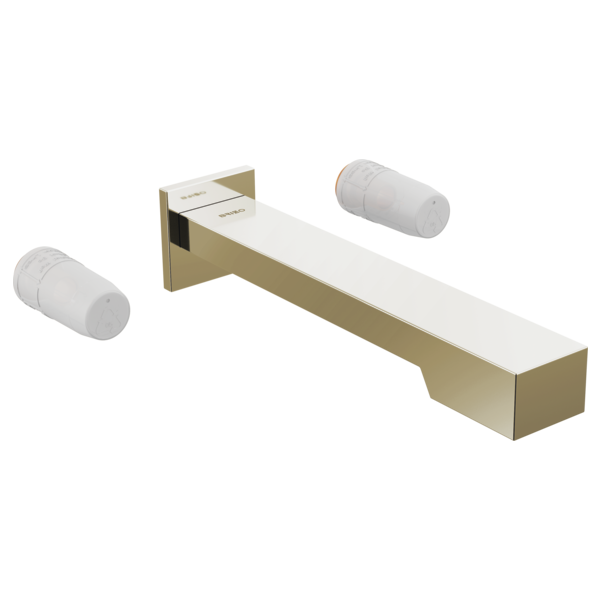 Brass wall-mount tub filler with rectangular spout and two cylindrical handle ports on either end.