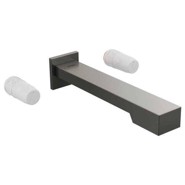 Matte black wall-mounted tub filler with rectangular spout and two white cylindrical handles on either side.