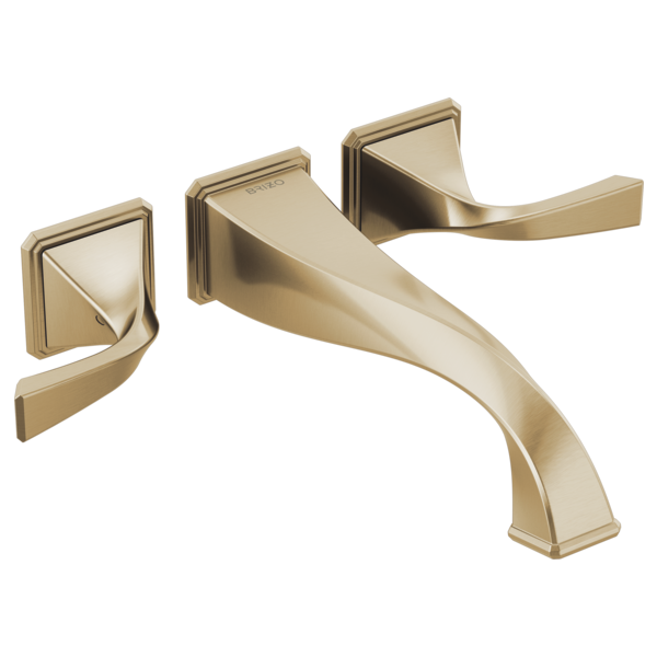 Champagne bronze wall-mounted tub filler with two lever handles and curved spout.