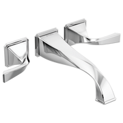 Chrome wall-mounted tub filler with two curved lever handles and curved spout.