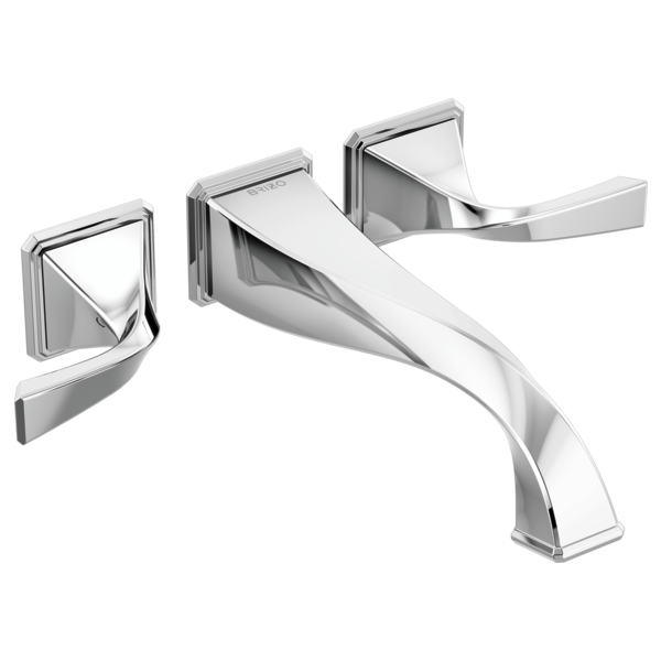 Chrome wall-mounted tub filler with two curved lever handles and curved spout.