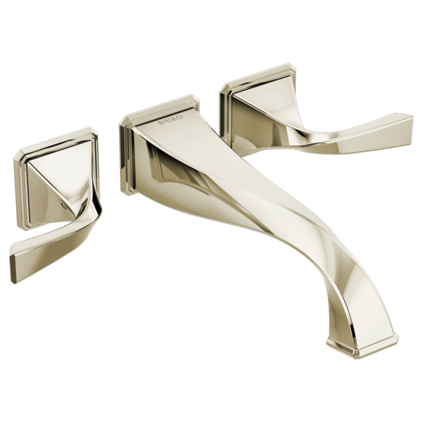 Polished nickel wall-mount tub filler with two angular handles and curved spout.
