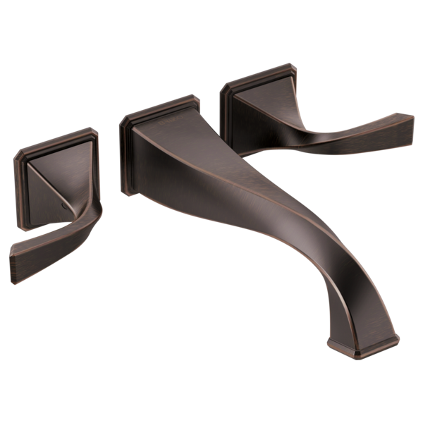 Bronze two-handle wall-mount tub filler with curved spout and square backplate escutcheons.