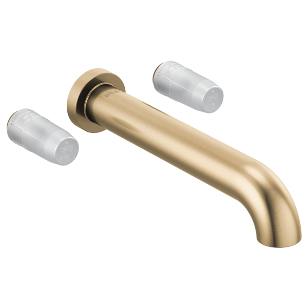Brushed gold wall-mount tub filler with curved spout and two white cylindrical handle bases.