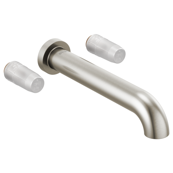 Brushed nickel wall-mount tub filler with curved spout and two cylindrical handle ports on white background.