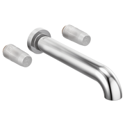 Chrome wall-mount tub filler with curved spout and two cylindrical handle stems.