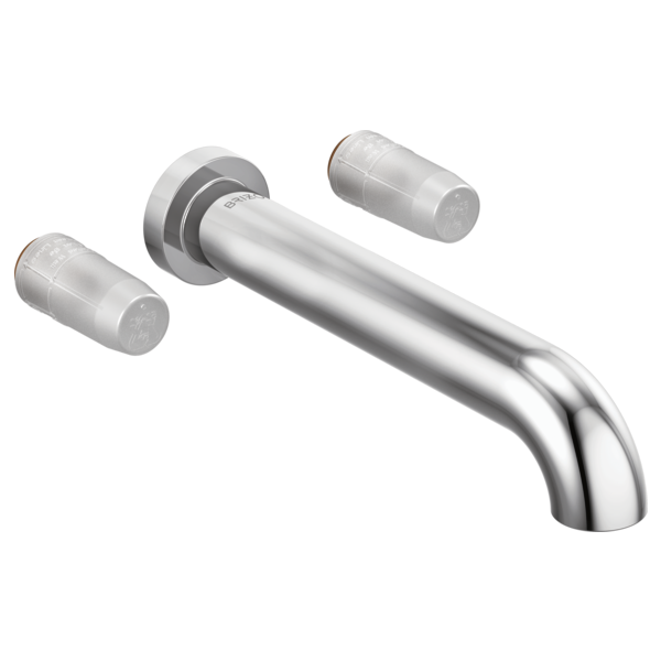 Chrome wall-mount tub filler with curved spout and two cylindrical handle stems.