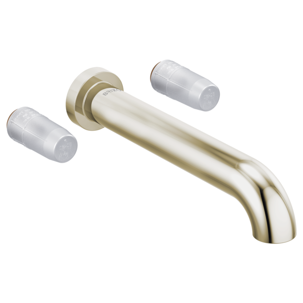 Brushed nickel wall-mount tub filler with curved spout and two clear cylindrical handle covers.