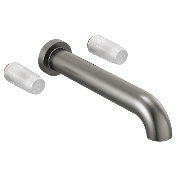 Brushed nickel wall-mount tub filler with curved spout and two white cylindrical handle ports.