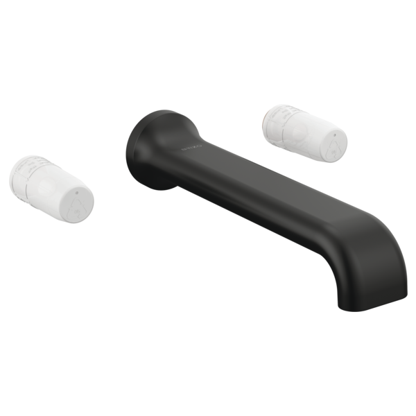 Black wall-mounted tub filler spout with two white cylindrical handle cartridges on either side.