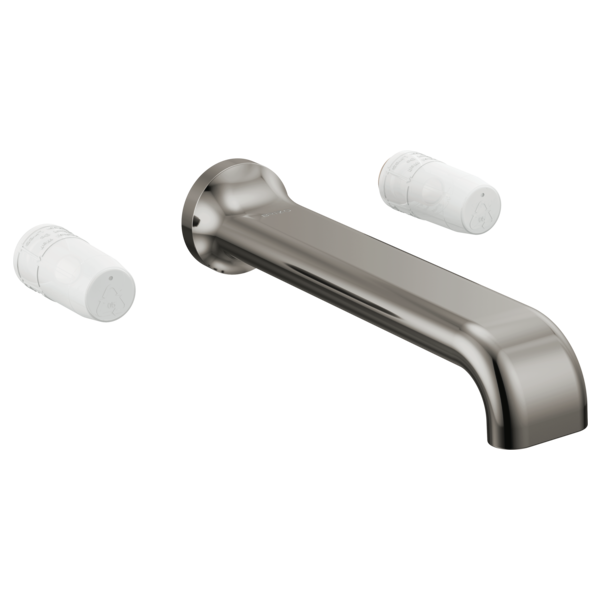 Brushed nickel wall-mount tub filler with curved spout and two white cylindrical handles.