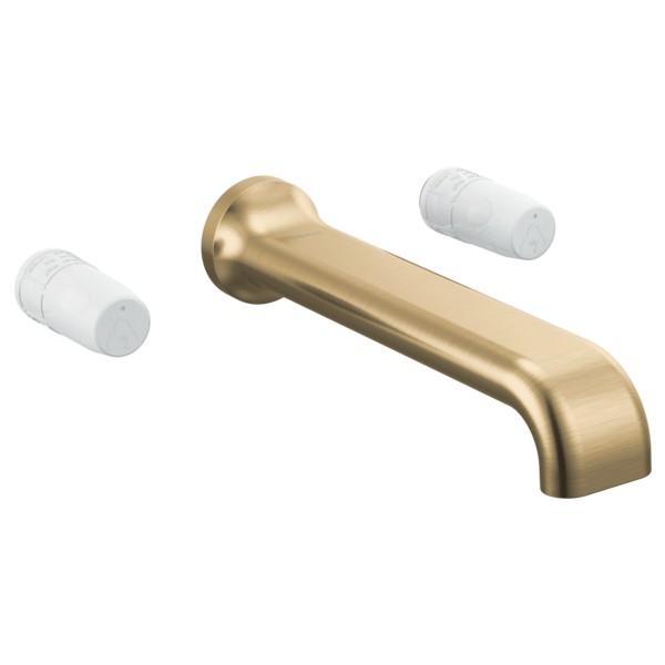 Brushed gold wall-mounted tub filler with curved spout and two white cylindrical handles on either side.