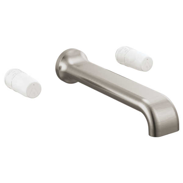 Brushed nickel wall-mount tub filler with curved spout and two white cylindrical handles.