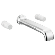 Chrome wall-mount tub filler with curved spout and two white cylindrical handles on either side.