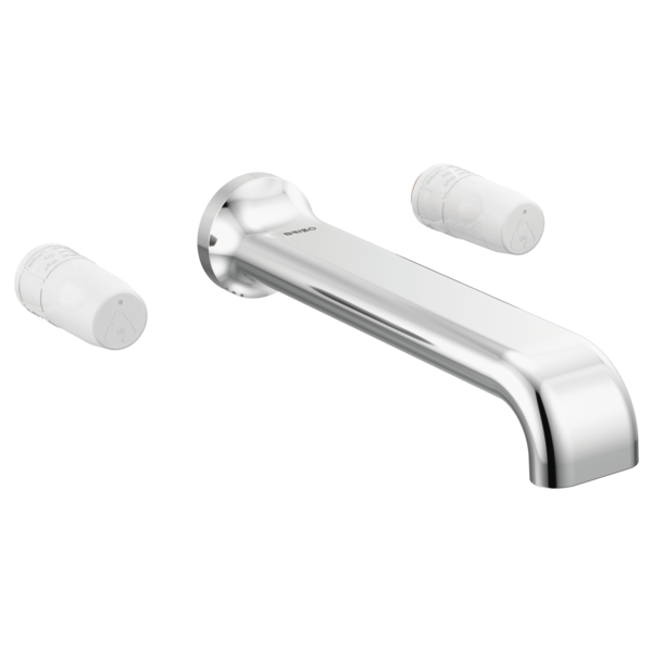 Chrome wall-mount tub filler with curved spout and two white cylindrical handles on either side.