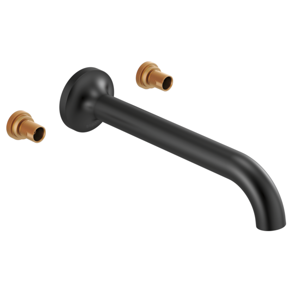 Black wall-mount tub filler spout with matte finish and two brass valve trim pieces for handle installation.