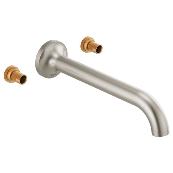 Brushed nickel wall-mount tub filler with curved spout and two brass handle ports.
