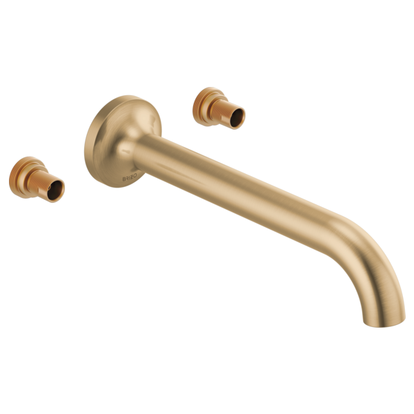 Champagne bronze wall-mounted tub filler with curved spout and two handle ports.