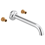 Chrome wall-mounted tub filler with curved spout and two brass valve outlets.