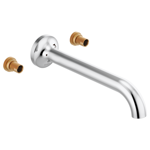 Chrome wall-mounted tub filler with curved spout and two brass valve outlets.