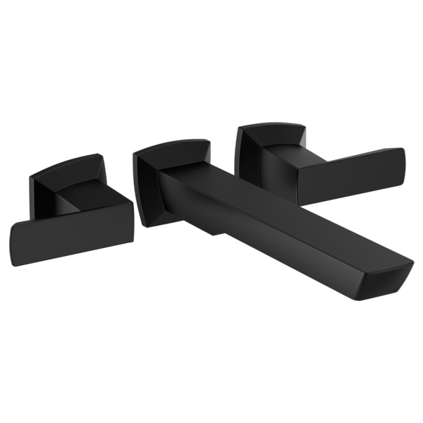 Black wall-mounted tub filler with two lever handles and spout extending horizontally.