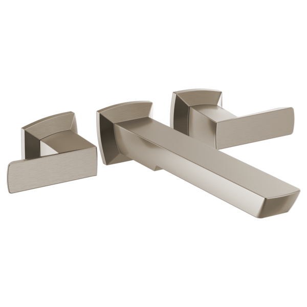 Brushed nickel wall-mounted tub filler with two lever handles and rectangular spout.