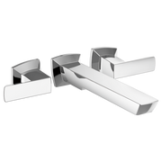 Chrome and white two-handle wall-mount tub filler with rectangular spout and lever handles.