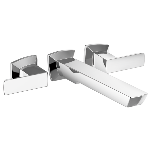 Chrome and white two-handle wall-mount tub filler with rectangular spout and lever handles.