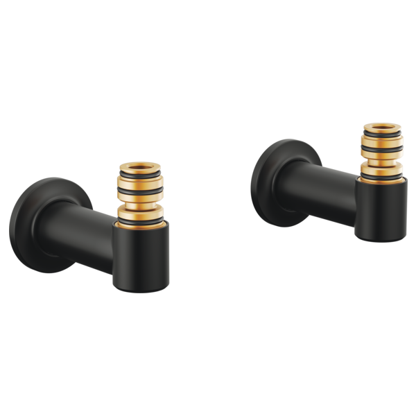 Two black matte wall-mount unions with gold-striped brass connectors for tub filler installation.
